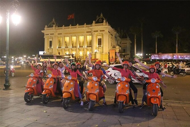 Female Riders Vespa Night Street Food + Train Street food 4 Hours - A Ride Around Ba Dinh Square And The Lake