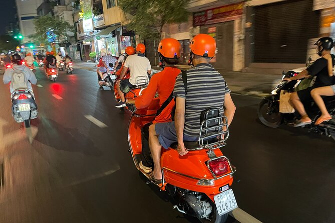 Vespa Female Ao Dai riders Night Street Food + See Train Street - Ngu Xa and the Ho Truc Bach food stop