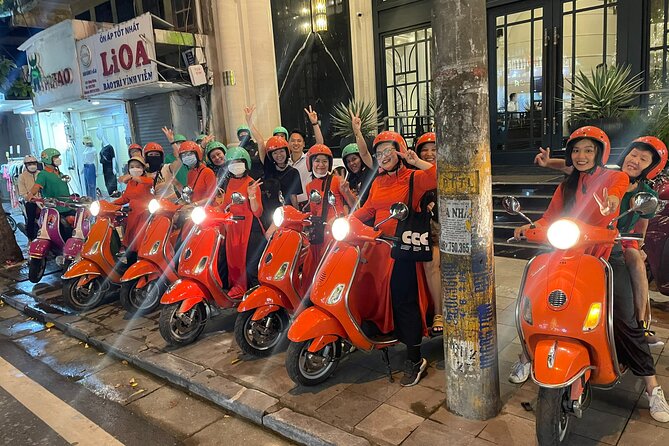 Vespa Female Ao Dai riders Night Street Food + See Train Street - Hanoi Opera House and bánh xèo